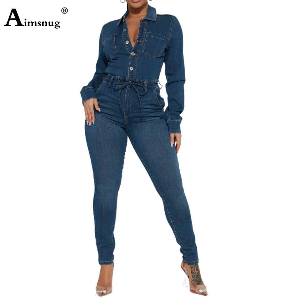 Long Sleeves Women Fashion Silm Jeans Demin Jumpsuit High Waist Pants Blue Stretch Denim Bodysuit 2024 Single-Breasted Overalls