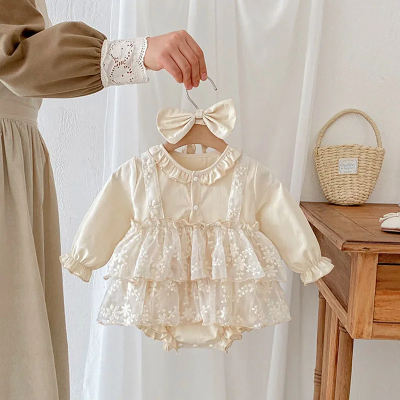 Cute Baby Girls Lace Bodysuit Long Sleeves Embroidered Flowers Jumpsuit