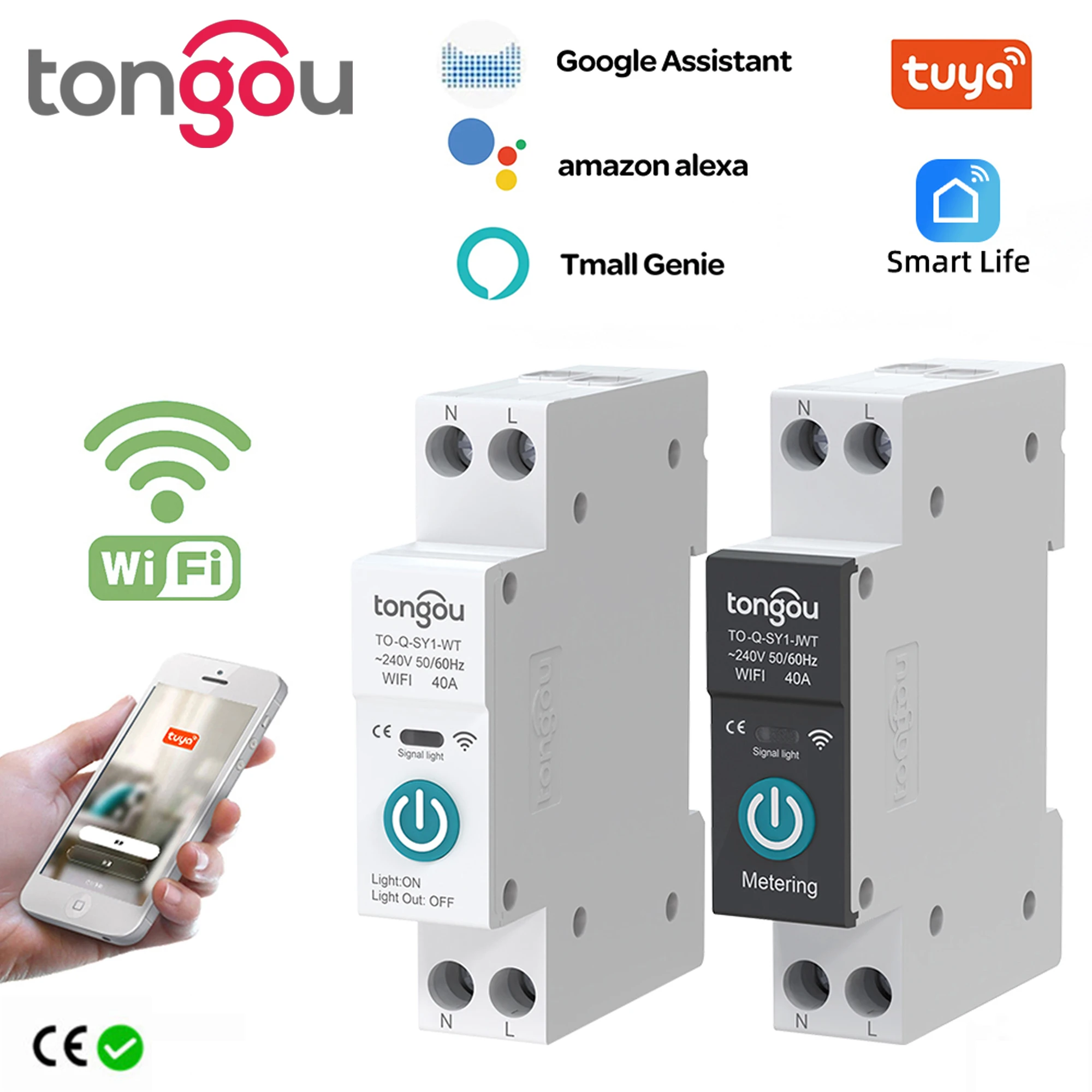  TUYA WIFI Smart Circuit Breaker With Metering 1P 63A DIN Rail for Smart Home  wireless Remote Control Switch by APP TONGOU 