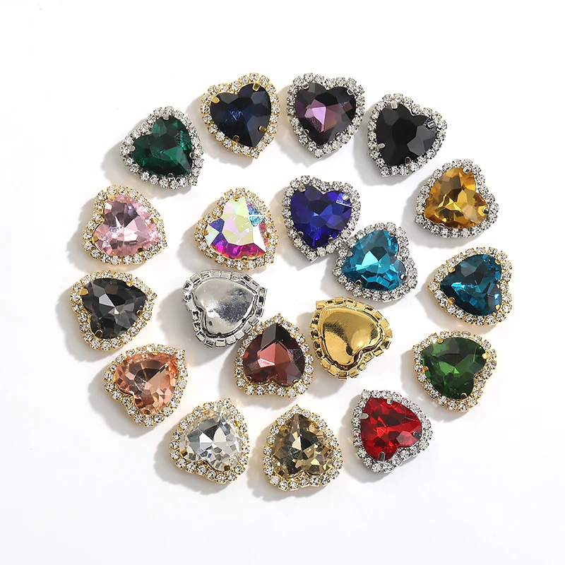 Heart Shape Glass Rhinestones With Claw Sew On Crystal Stone Metal Base Buckle For Clothes Strass Diamond Sewn Rhinestones