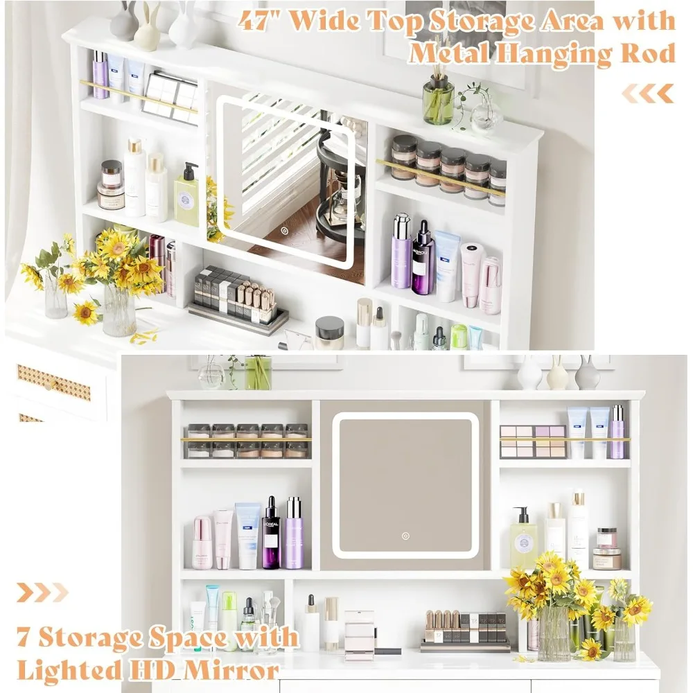 Rattan Makeup Vanity Desk with Mirror and Lights with 3 Drawers & Shelves, with 2 Rattan Door Cabinets, 47'' Modern Vanity Table 4
