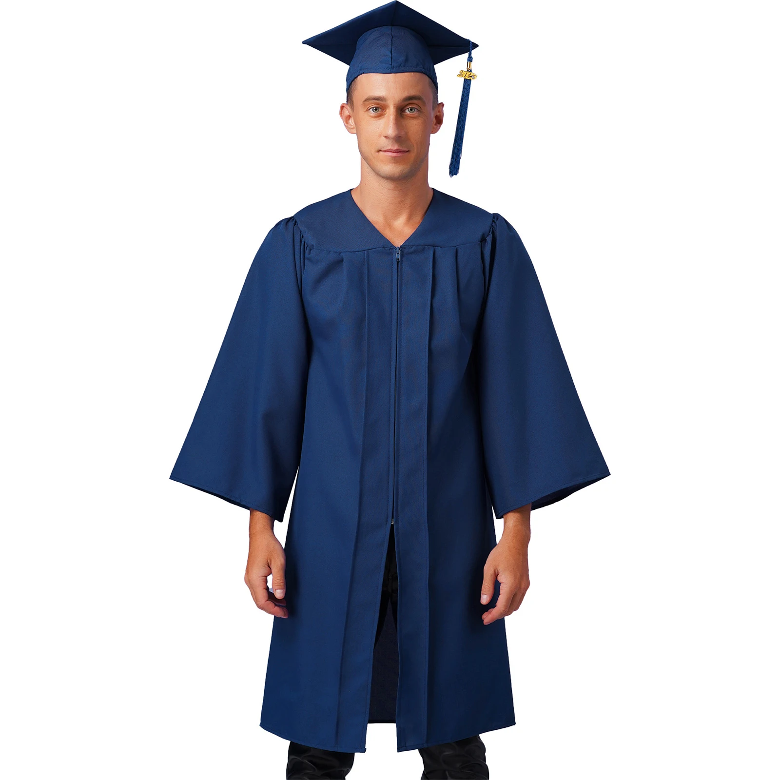 

2023 Halloween Unisex Adult Graduation Gown Cap Tassel Set Long Sleeve Pleated Front Zipper Robe for College Bachelor Ceremony