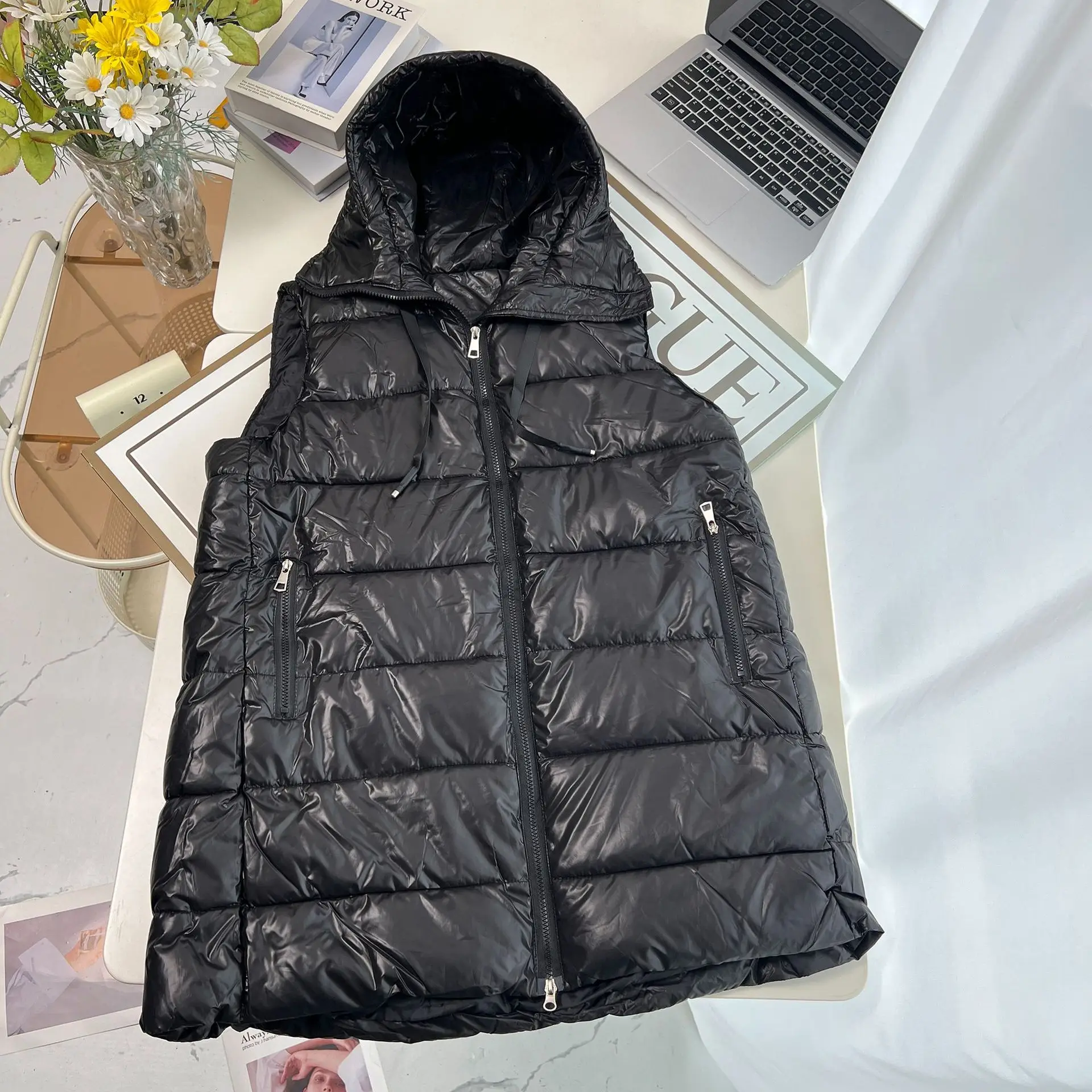 XXXXXL Fashion Plus Size Women's Parka Winter New Simple Mid Length Hooded Thermal Padded Sleeveless Zipper Vest 6877
