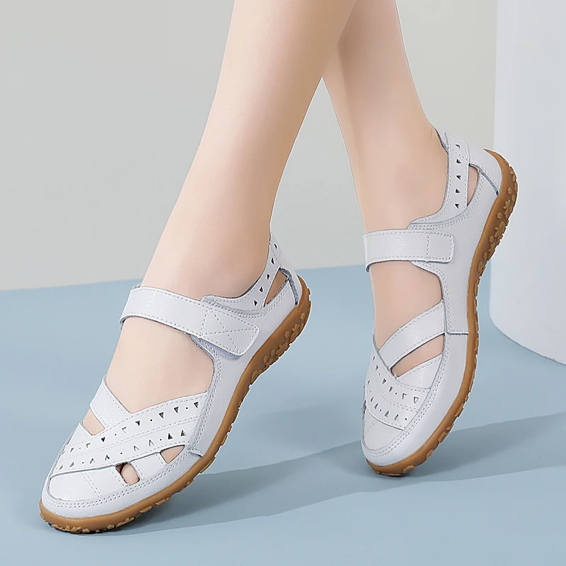 New summer women's shoes large size Roman casual mother shoes leather baotou sandals Velcro hollow cowhide
