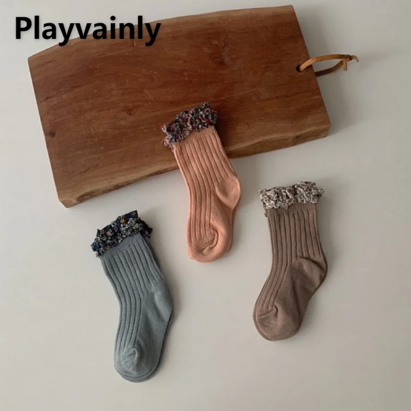 New 2022 Autumn Baby Girls Socks Idyllic Style Cotton Socks Plaid Lace