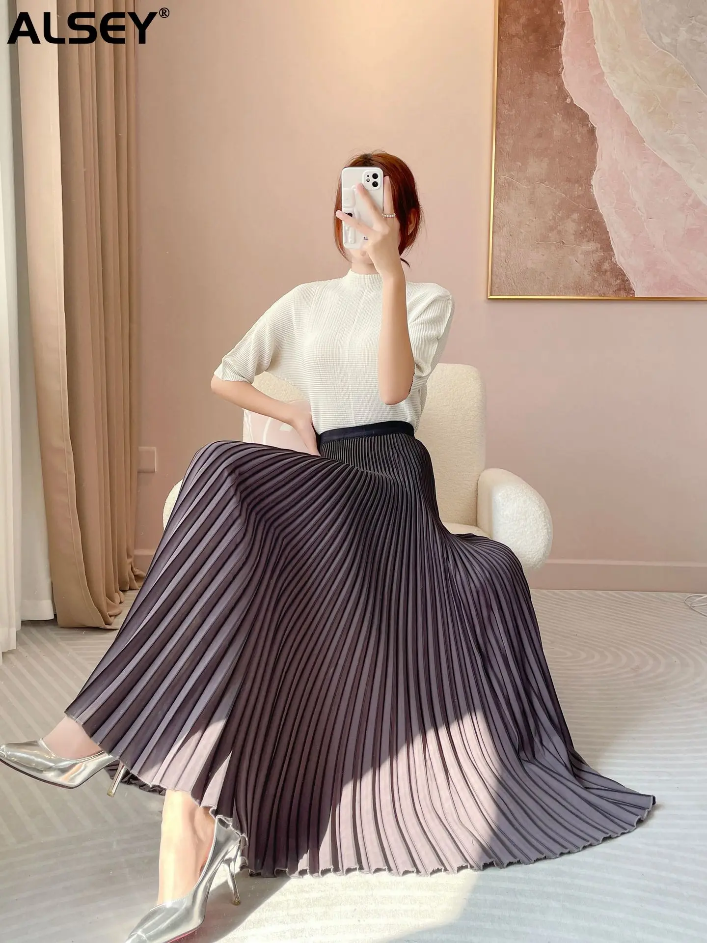 

ALSEY Miyake Pleated Slim Fashion Semi-skirt Female Summer New Simple Versatile Medium-length High-waisted A-line Skirt