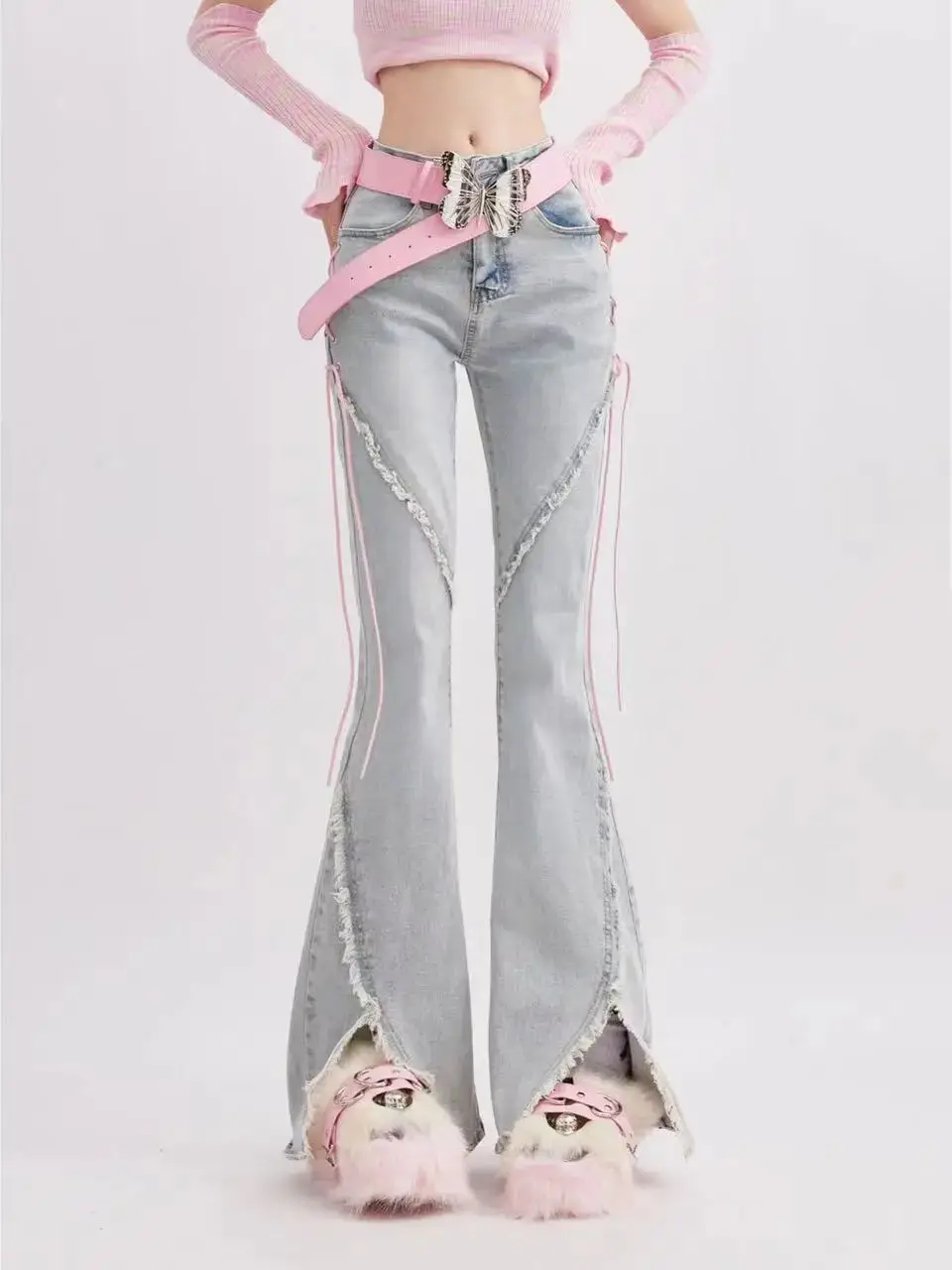 Jeans Flared With Slit Rough Edge High Waist Design Harajuku Streetwear Retro Fashion Women Leg Straight Loose Denim Trouser Y2K
