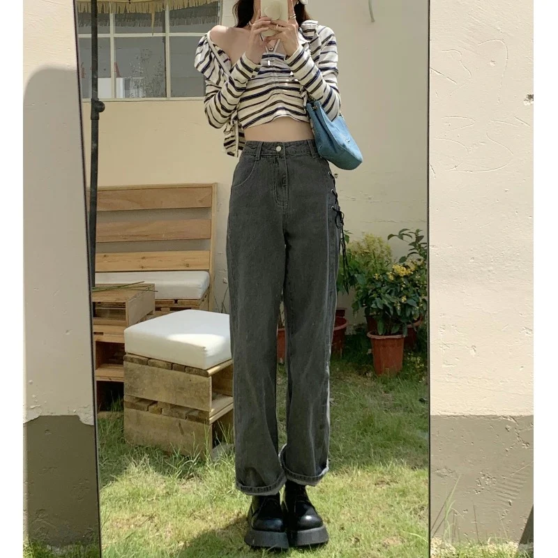 Spot age season design feeling small high street ins is natural tide mop pants size fat MM strap wide-legged jeans amiri jeans