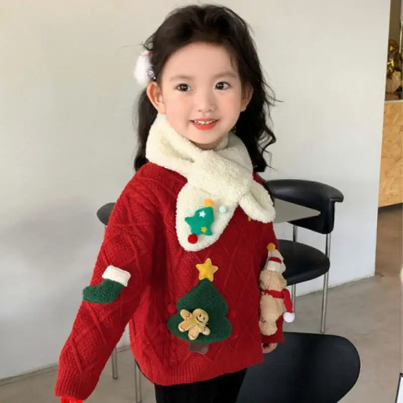 크리스마스 소녀의 두꺼운 스웨터 애니메이션 카와이 가을 겨울 새로운 스타일 키즈 패션 달콤한 따뜻한 스웨터 부드러운 컴포트 스카프 선물