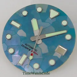 Green Luminous Mother of Pearl Watch Dial with Date Window and Hands Set (Green dial hands)