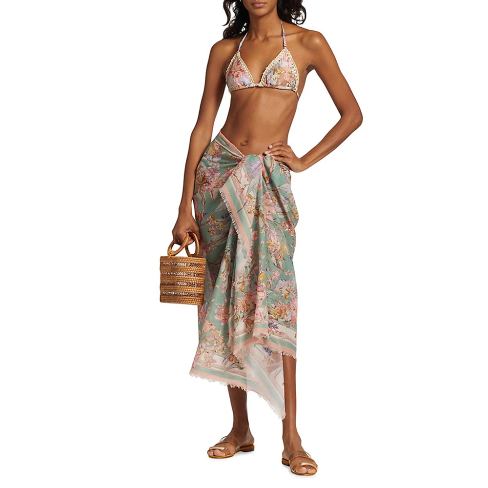 꽃무늬 프린트 원피스 비키니 투피스, 브라질리언 비키니 세트, 여성용 수영복, 커버업 수영복 2023 