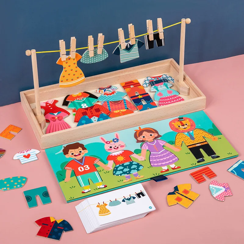 Montessori Hanging Clothes Wooden Puzzles Dress-Up Changing Sorting Matching Game Early Education Toys For Children Girls Gift 2