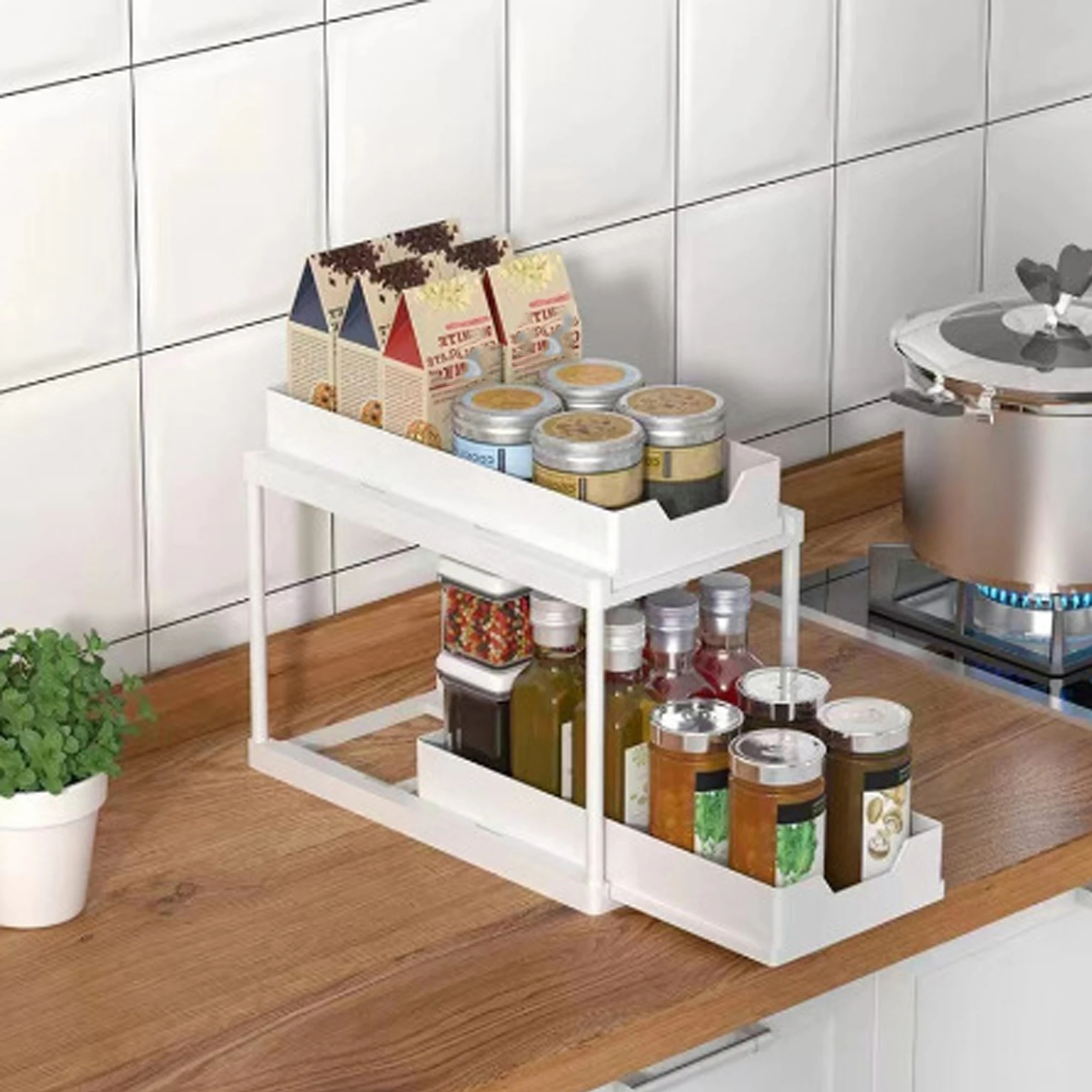 Pull-Out Double-Layer Kitchen Storage Rack with Drawers Ideal for Kitchen Sink Organization