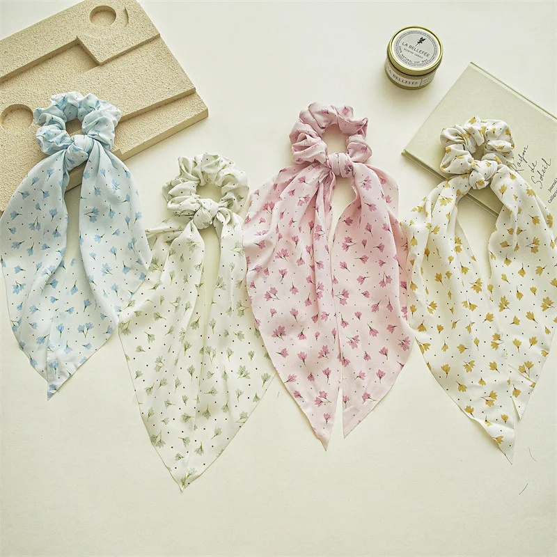 Woman Summer Fresh Bow Ribbon Elastics Hair Band Flower Printing Scrunchies Hair Ties Lady Ponytail Holder Girl Hair Accessories