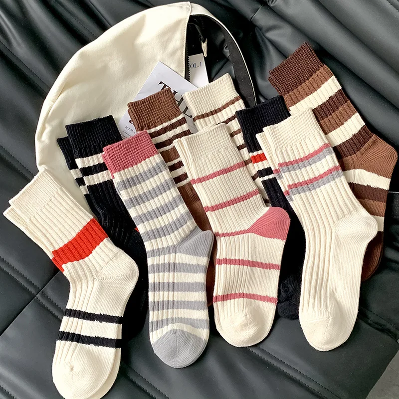 Womens Socks Cotton Women's Long Medium Tube Korean Breathable Leisure Girls Embroidery Spring Summer Stripe