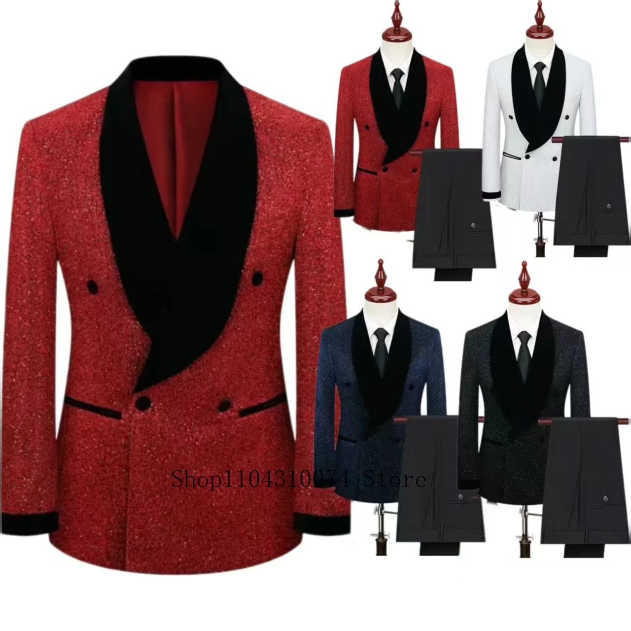 Full Men's Suits Sequin Blazer 2 Pieces Blazer and Pants Set on Demand Elegant Man Suit Stage Costume Summer Beach