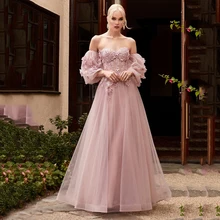 

Latest Strapless Flowers Elegant Prom Dress For Women Short Sleeve Applique Vintage Evening Dress Tulle Draped Party Gowns 2022
