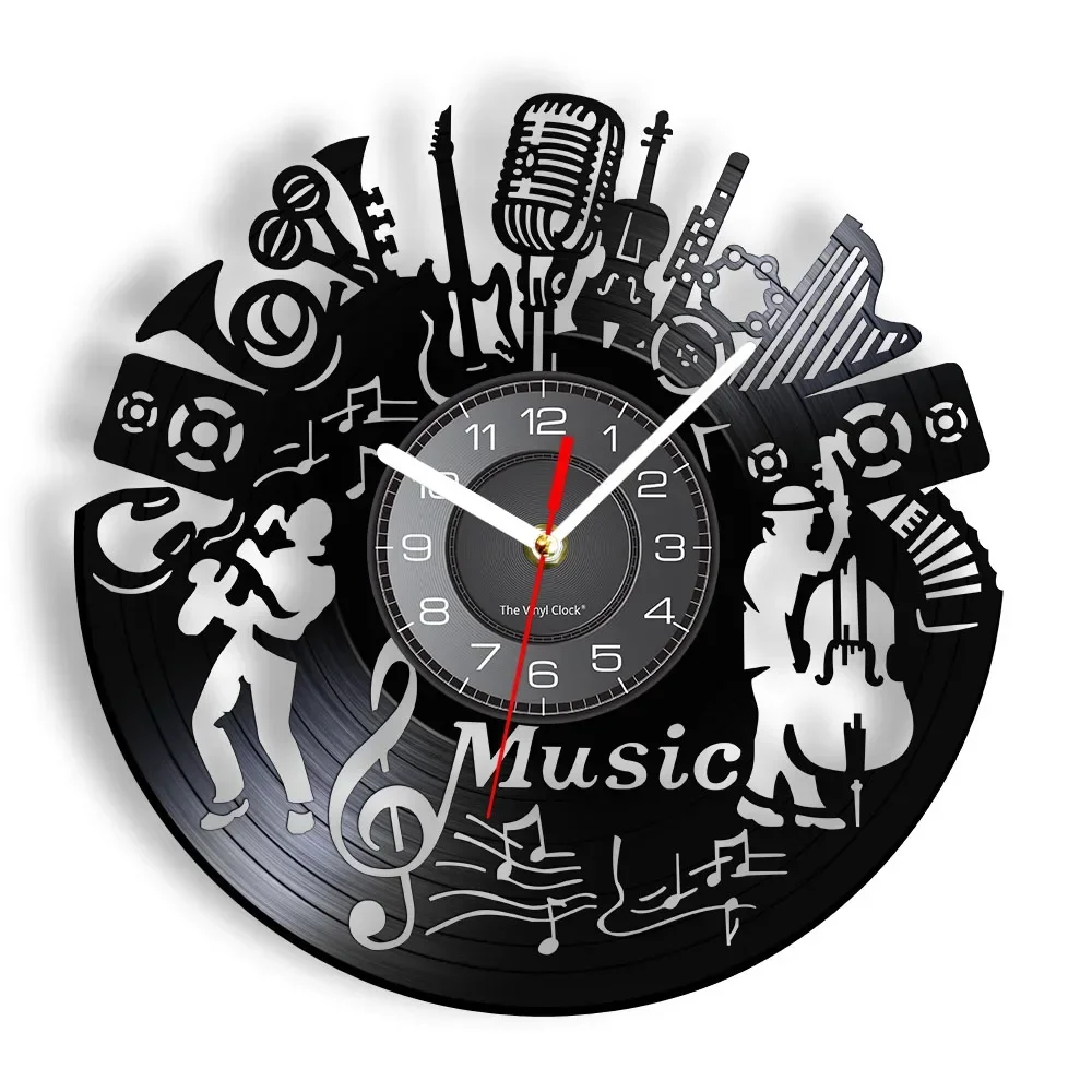 

Music Band Silhouette Musical Instruments Wall Decor Musicians Wall Clock Jazz Music Group Vintage Vinyl Record Music Wall Clock