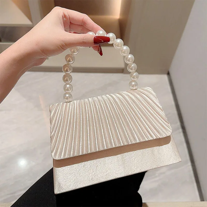 Women's Satin Pleated Evening Handbag Pearl Top Handle Wedding Bridal Party Clutch Purse Formal Bag Lady Shoulder Messenger Bags