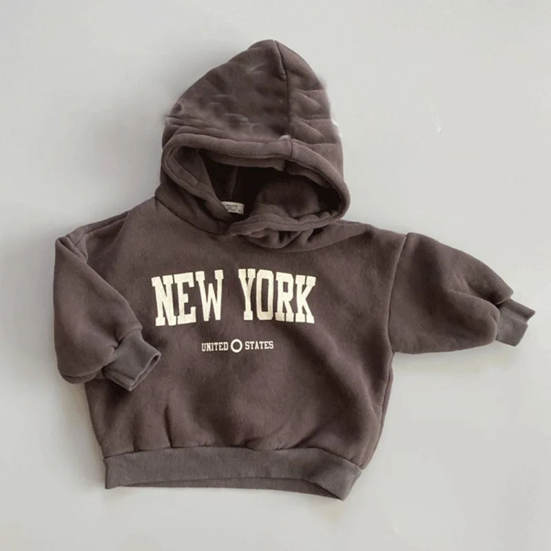 Children Sweatshirt Winter New Fashion Letter Print Baby Fleece Hoodie Toddler Boy Long Sleeve Warm Hooded Sweatshirt Baby Plus Velvet Hoodie