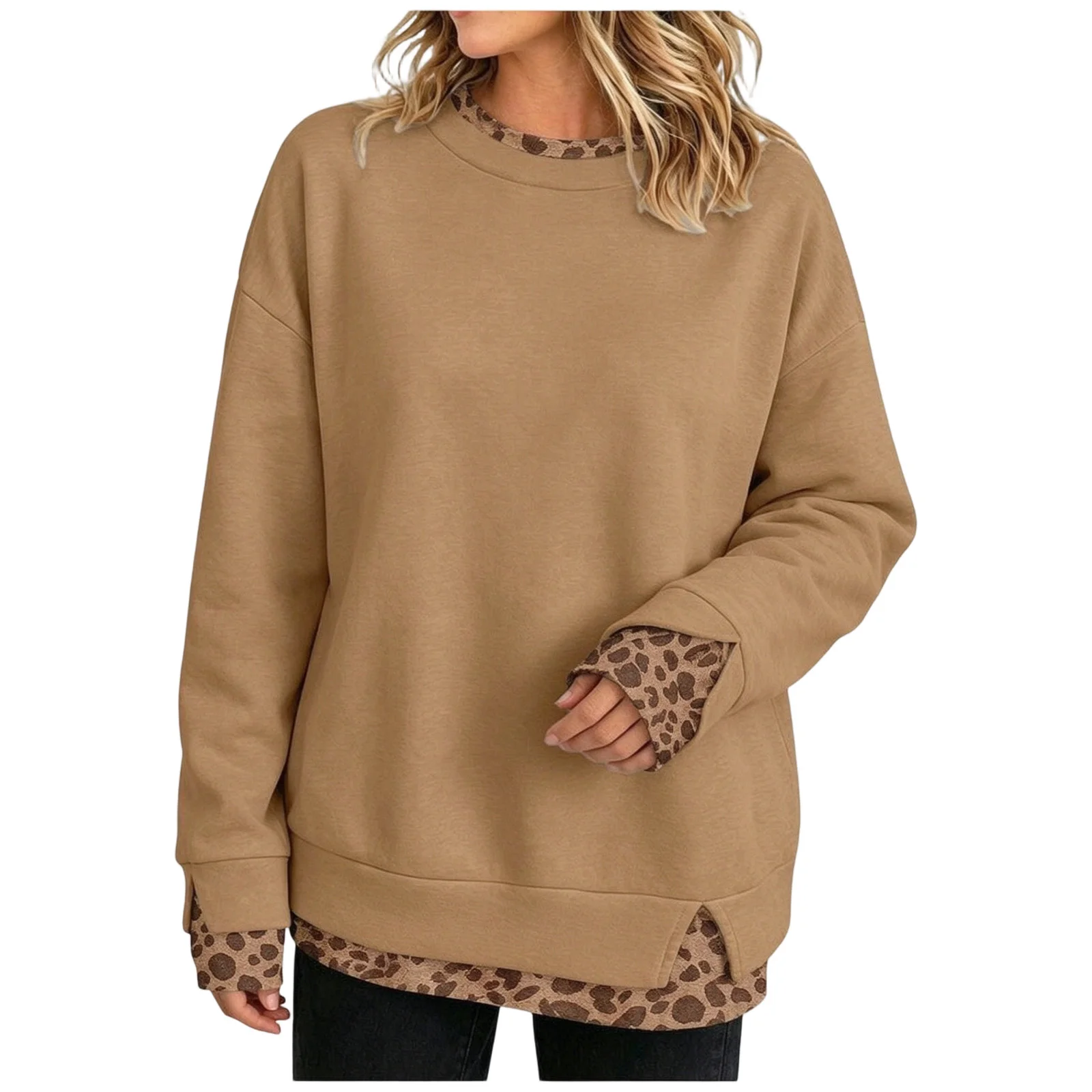 Crew Neck Sweatshirts Women Cute Long Sleeve Oversized Sweatshirt Plaid Pullove In Layered Tunic Leopard Print Zip up Hoodie