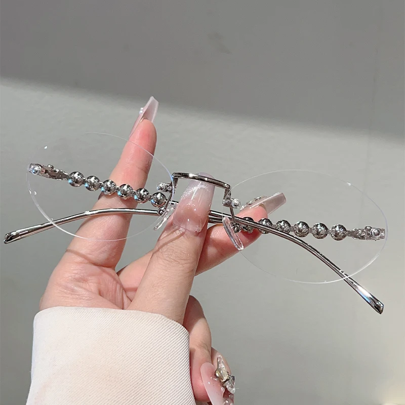 KAMMPT Randlose ovale Sonnenbrille mit Perlen für Damen, stilvoll, Vintage-Dekor, neue trendige Luxus-Markendesign, lässige Sonnenbrille – Detail 10