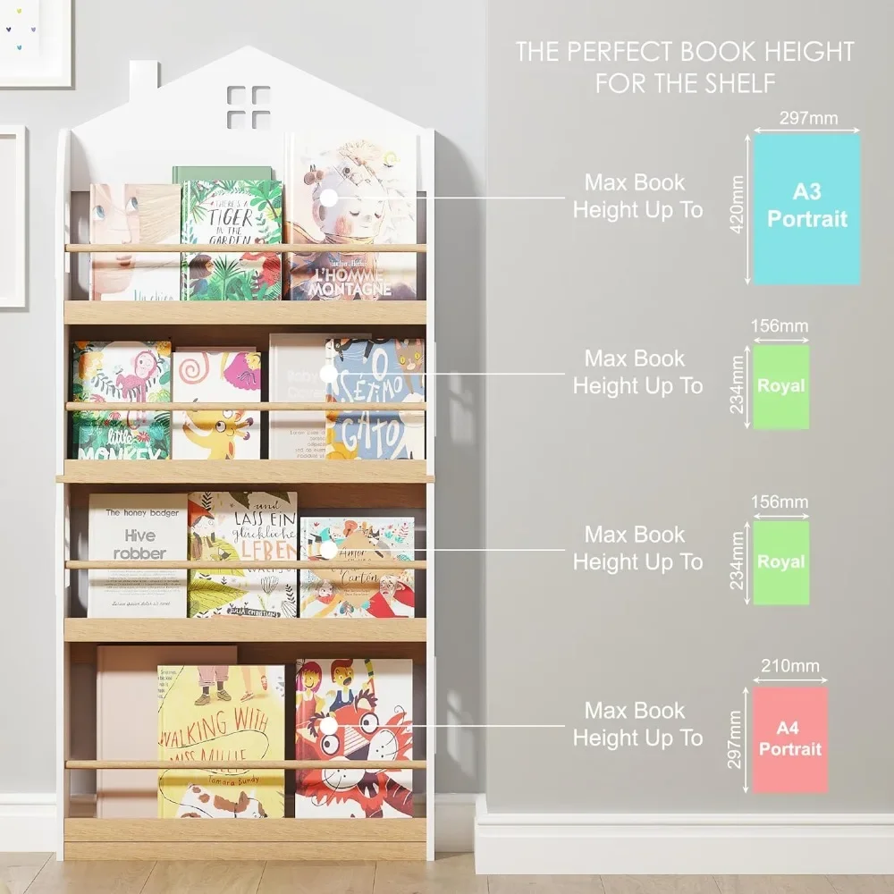 Kids Bookshelf Wall Mounted, 4-Tier Book Shelf Organizer, Tall Wooden Children's Bookcase, Storage Book Rack for Kids Room