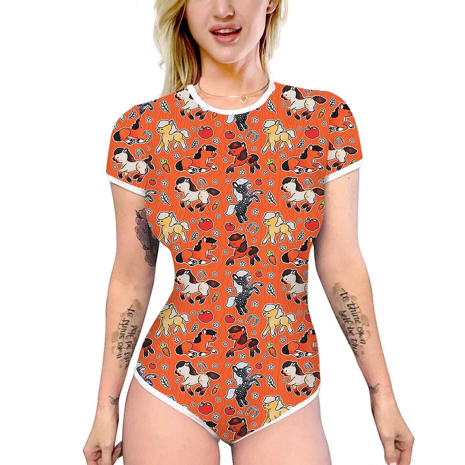 Women Summer Casual Slim Rompers Sexy Slim Romper Cartoon Print Short Sleeve Round Neck High Waist Playsuits Home Sleepwear