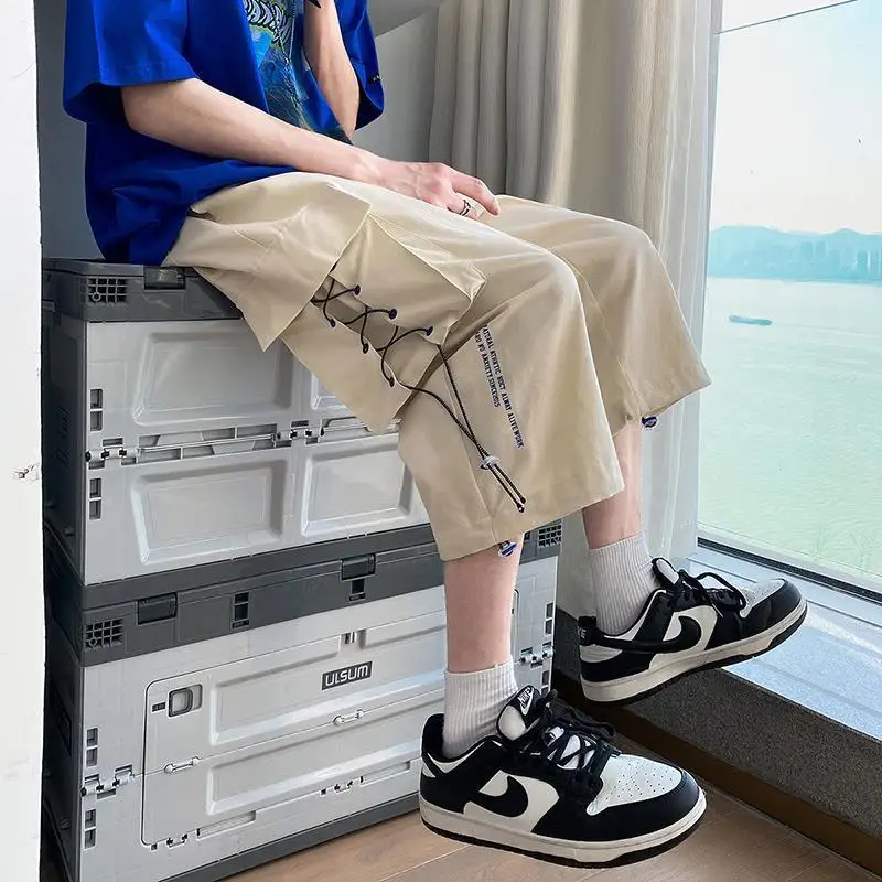 Summer Elegant Fashion Harajuku Slim Fit Ropa Hombre Loose Casual All Match Cropped Pants Thin Style Pockets Straight Leg Pants