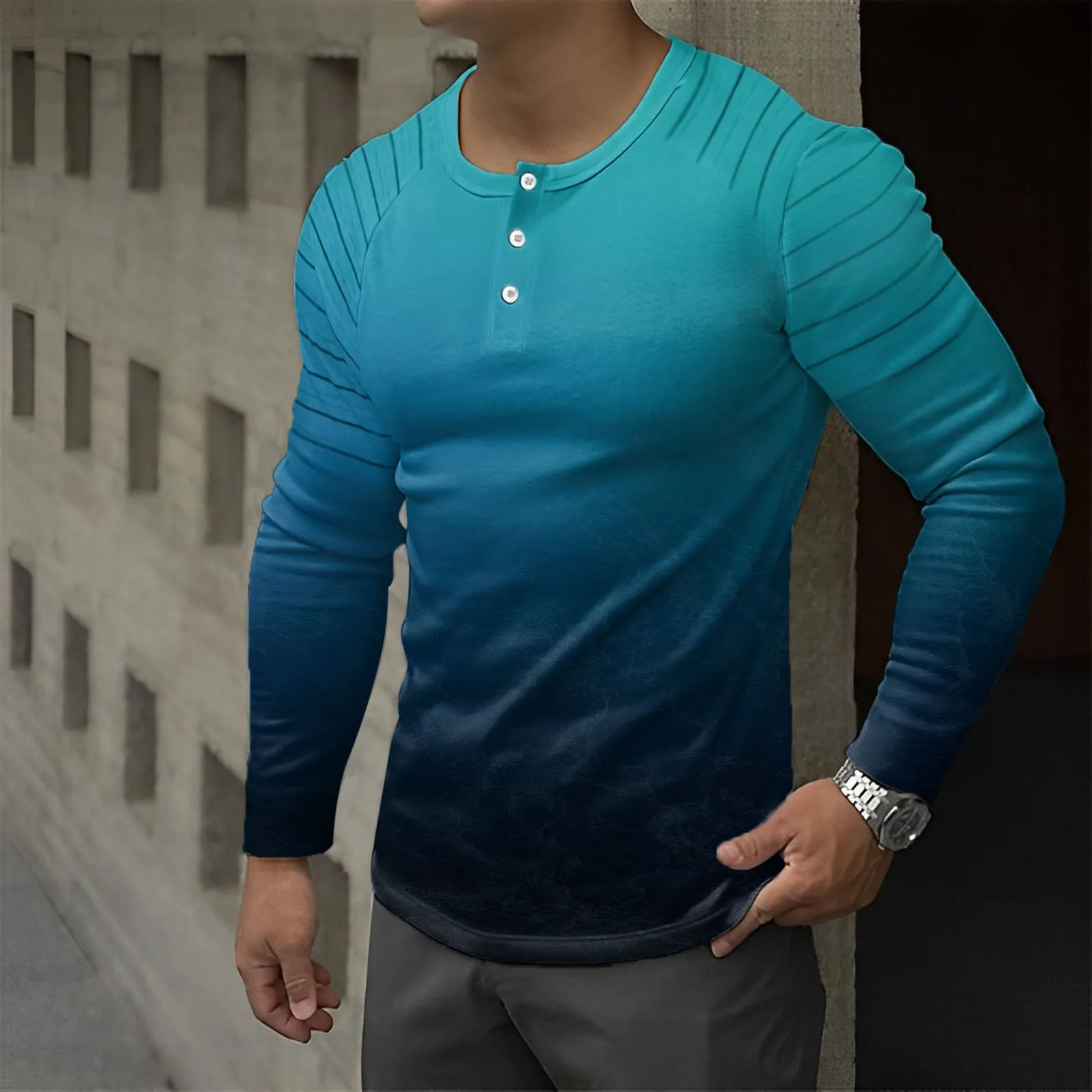 

Summer Mens T-shirts Trend Round Necked Slim Button Long Sleeved Gradient Color Fitness T Shirts Oversized Graphic Tee Shirts