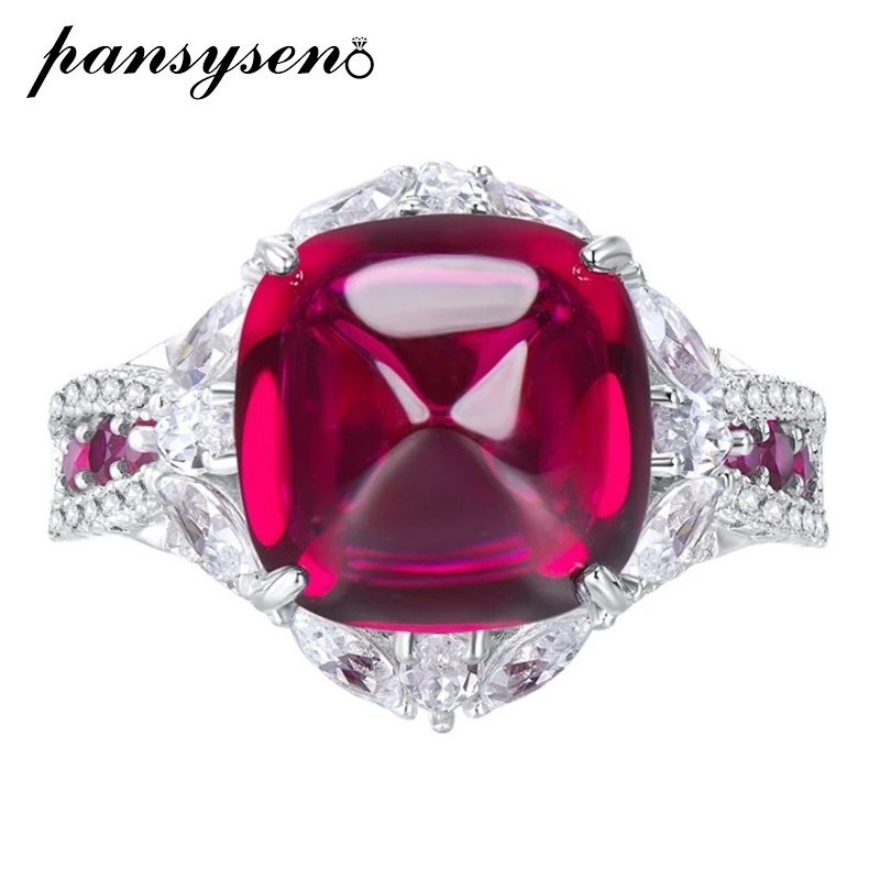 

PANSYSEN Vintage 100% 925 Sterling Silver 12x12MM Ruby High Carbon Diamond Gemstone Rings for Women 18K Gold Plated Fine Jewelry