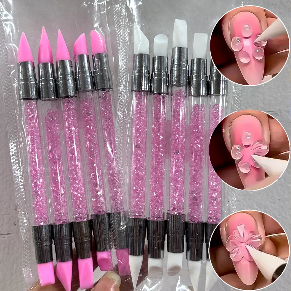5pcs Pink Sculpture Dotting Pen Nail Art Silicone Brush