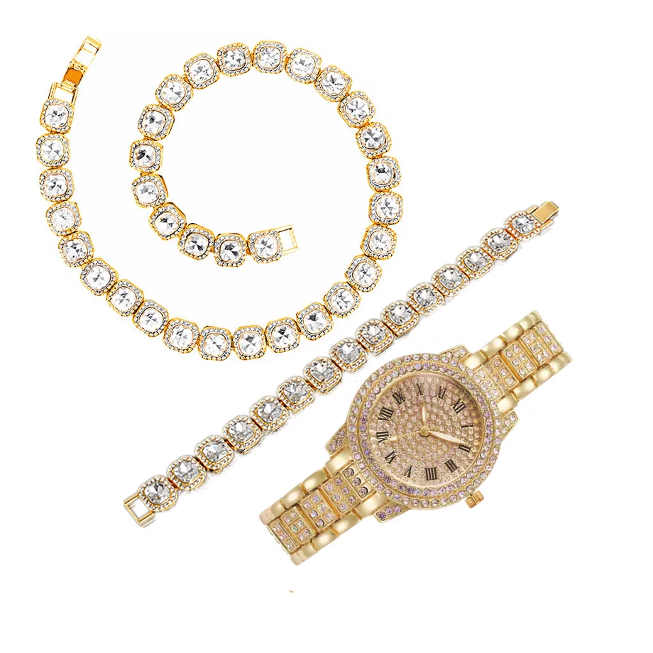 Iced Out Cuban Link Women's Chain Hip Hop Jewelry Watch Choker Silver Color Rhinestone CZ Clasp for Men's Rapper Necklaces Gifts