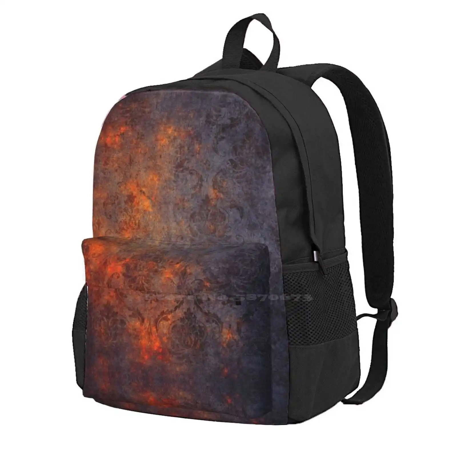 

Burned Rusty Damask Grunge Pattern Women Men Teens Laptop Travel School Bags Rusted Dark Black Blue Orange Gold Red Grunge