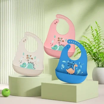Silicone Baby Bibs Waterproof Cute Cartoon Dinosaur Print Baby Feeding Bib Girl Boy Adjustable Soft Bib Kids Stuff