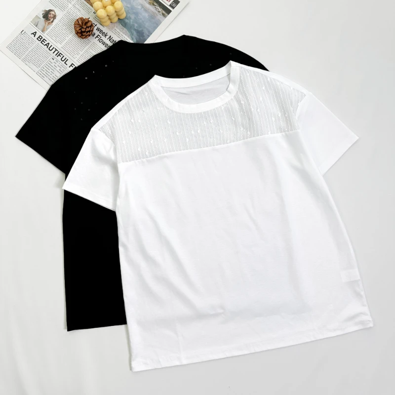 

Women 2023 Summer New Simple and Comfortable Sequin Striped Commuter Cool T-shirt