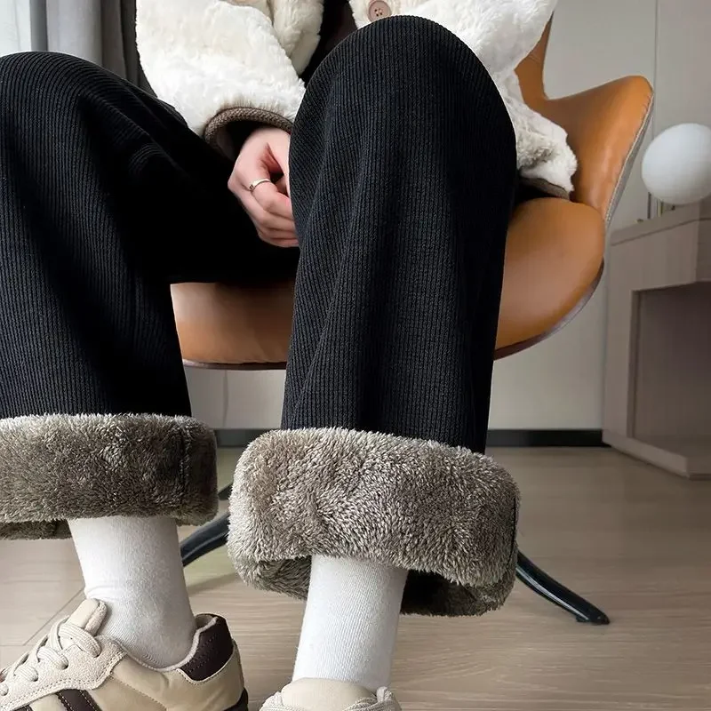 Thickened Fleece Lined Warm Cotton Pants Wide Leg Pants Women Autumn Winter Shiny Corduroy Straight Leg Trousers - Image 2