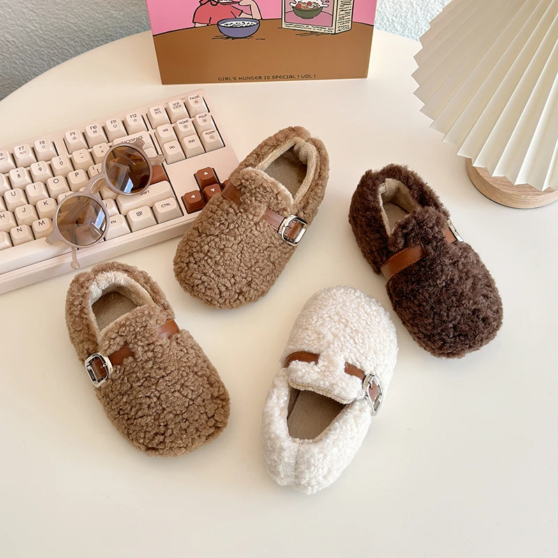 Girls Furry Winter Shoes Solid Color Flats Warm Non Slip