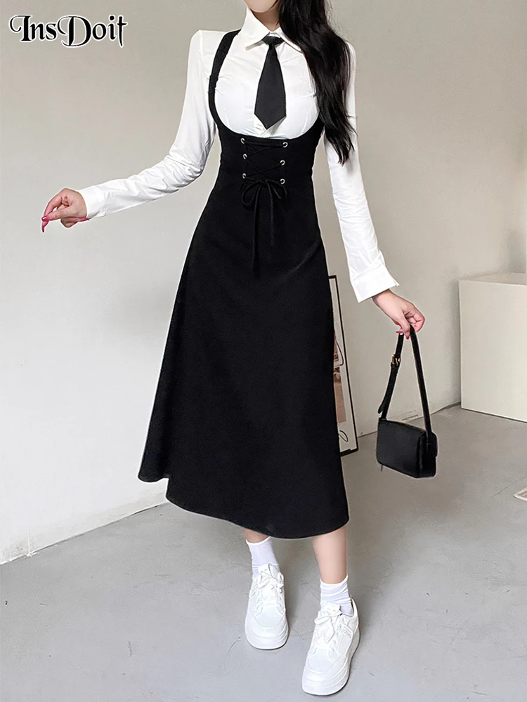 

InsDoit Gothic Vintage Corset Strap Dress Lace Up Black Women Hole Harajuku Dress Backless Sleeveless Aesthetic Club Party Dress