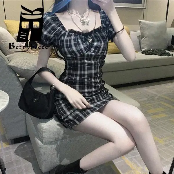 

Korean Fashion Hip Plaid Skirt Woman Clothes Puff Sleeve Dress Women's Clothing Summer 2022 Womens Party Elegant Casual Dresses
