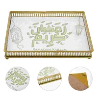 1pc Muslim Painting Eid Metal Plate Square Service Tray Party Supplies (Golden) Service Plate Eid Tray 1