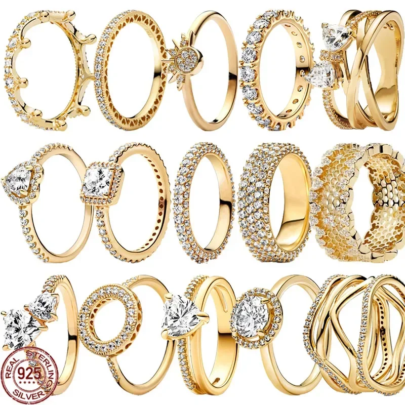 Hot selling 925 sterling silver exquisite gold series ring, sparkling heart-shaped crown ring, fashionable charm jewelry gift 1