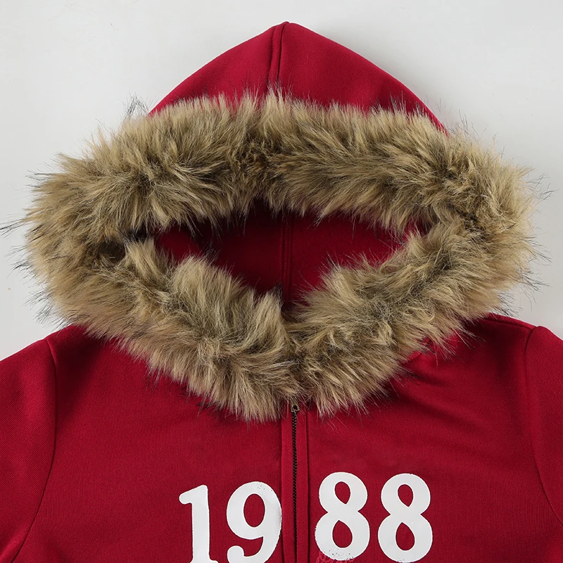 Sudadera con capucha y ribete de piel Y2K con estampado de letras rojas, abrigo con cremallera y bolsillo para mujer, ropa de calle de invierno de los 90, ropa de abrigo vintage