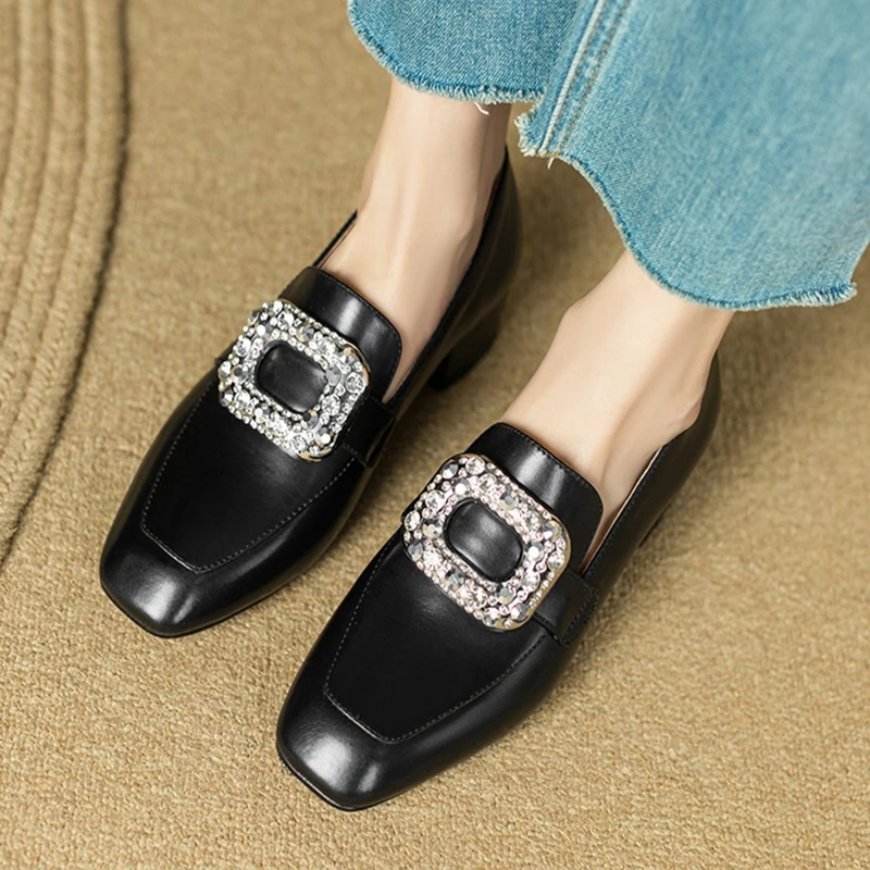 Women's New Spring and Autumn Genuine Leather with Diamond Metal Accessories, Mid Heel Large Lefu Shoes Single Shoes