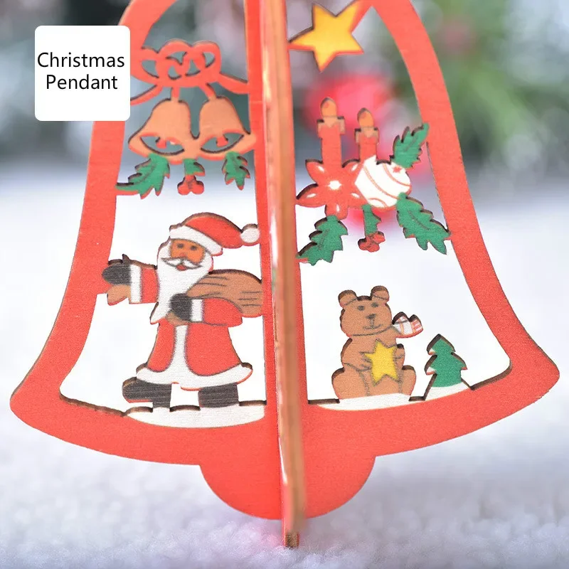Christmas Wooden Hollow Christmas Tree Snowflake Ornament 3D Christmas Bell Pentagram Ornament Home Holiday Party Decoration