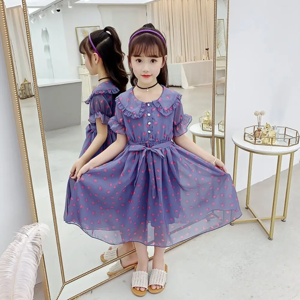 Elegant Doll Collar Girls Princess Dress Teens Party Summer Dot Dress Beach Vacation Sweet Children Dress Summer