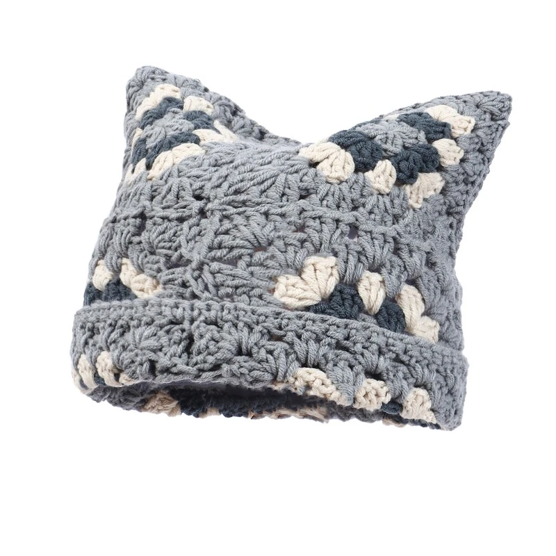 Japanese Autumn and Winter Cute Cat Ears Pullover Hat Hand-crocheted Grandmother Grid Hollow Trend Skull Beanie Cap for Women's 6