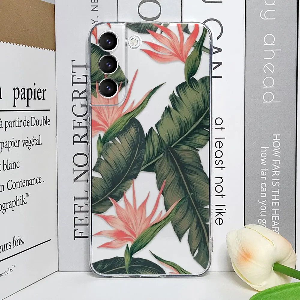 Floral Palm Leaf Painted Transparent Phone Case - Soft Cover with Flower Design