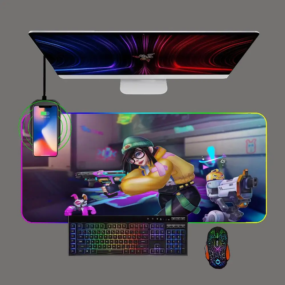 

RGB Valorant Phone Wireless Charging Gaming Mouse Pad LED Backlit Anime Keyboard Gamer Computer Office Mousepad Pc Mat Carpet