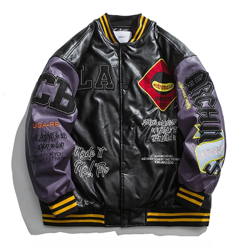 

Winter Bomber Jacket Men Embroidered Patchwork Pu Leather Sleeve Baseball Jackets Vintage Oversized Thick Coat Streetwear Couple